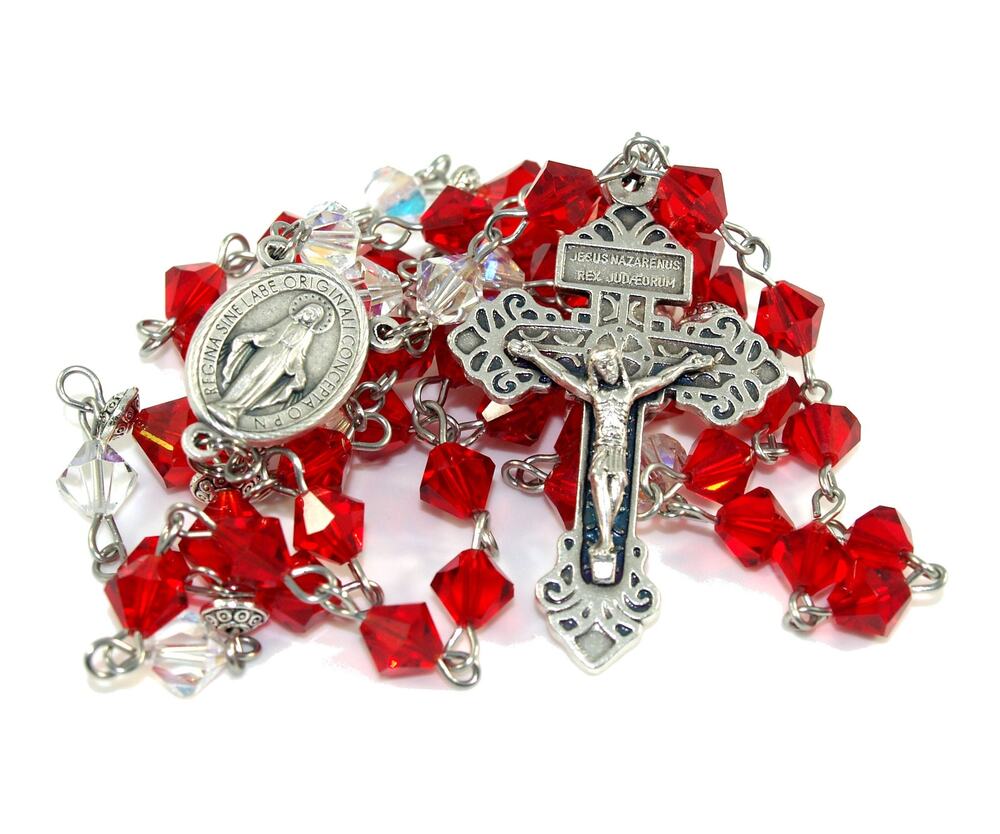 Handmade Red Swarovski Crystal Rosary Pardon Crucifix Stainless Steel